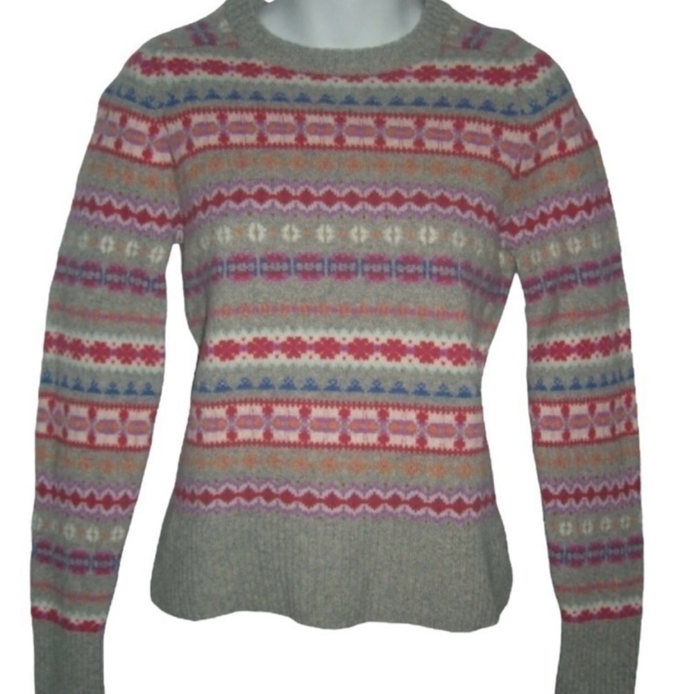 J. Crew | Fair Isle Wool Sweater Gray Pink Crew Neck Women’s  Size Medium
